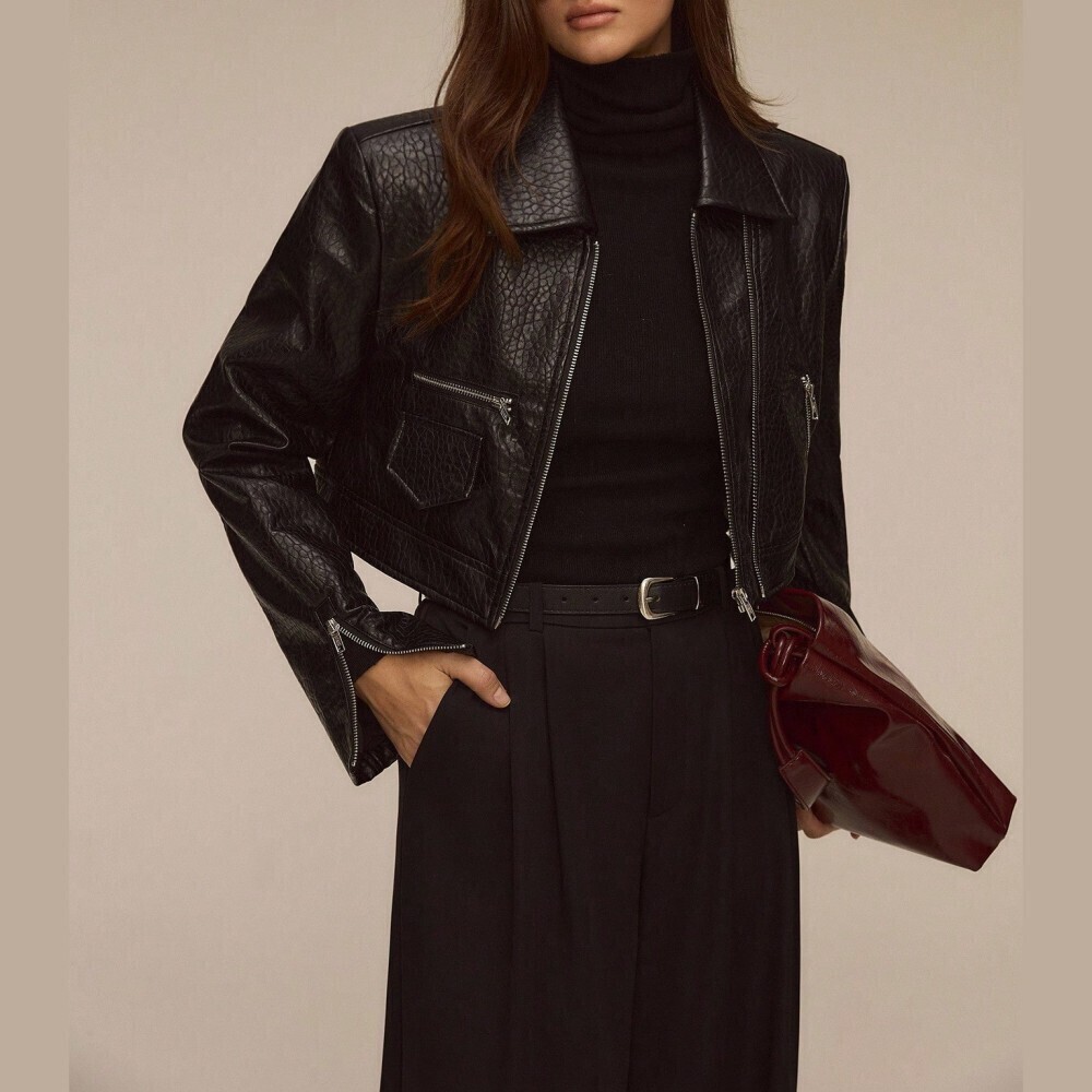 Black Pebbled Faux Leather Zip Front Cropped Moto Jacket
